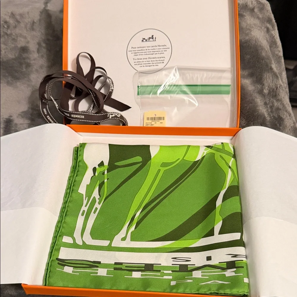 Hermes Green and White Silk Scarf Calèche élastique